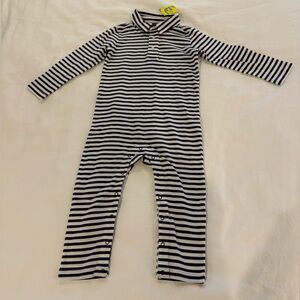 Primary baby long sleeve polo romper in mini stripe - ivory/sunwashed navy